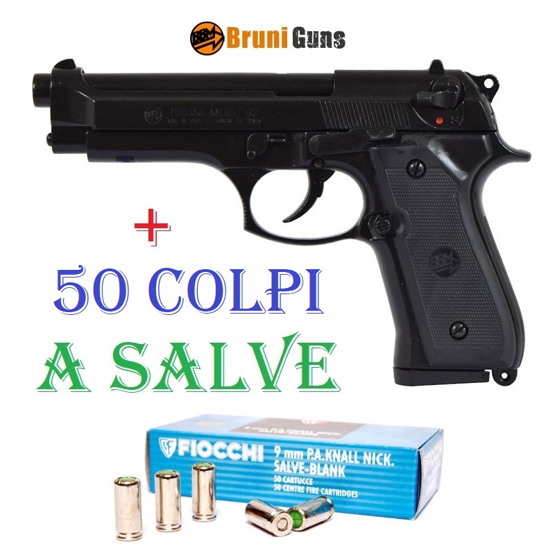 Scacciacani scacciacani bruni 92-9mm - pistola a salve top firing in calibro 9 mm con valigetta - arma da segnalazione acustica e da collezione con 50 colpi a salve - replica smontabile della beretta 92 di colore nero marca bruni guns.